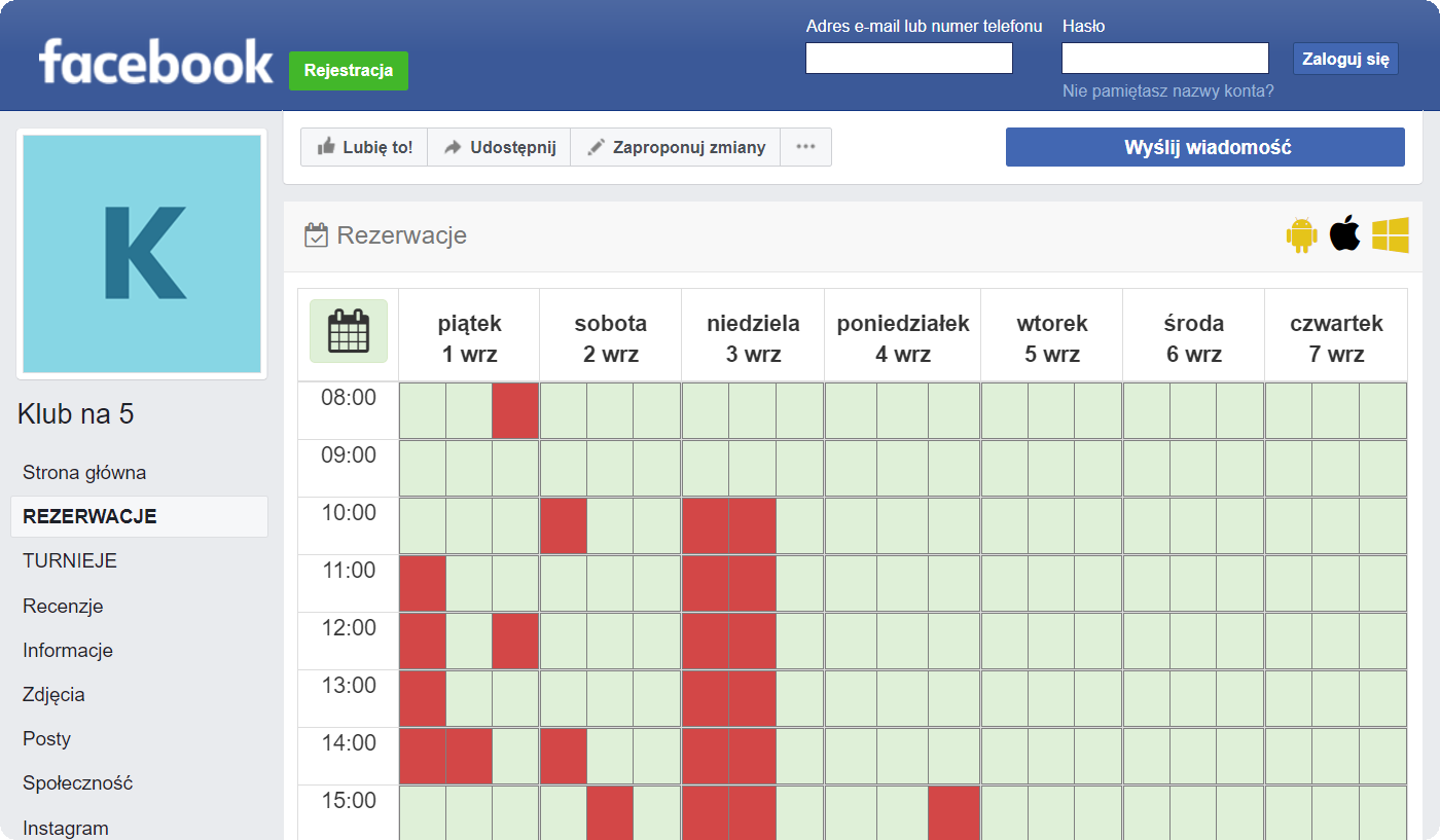 Zakładka rezerwacji w serwisie Facebook